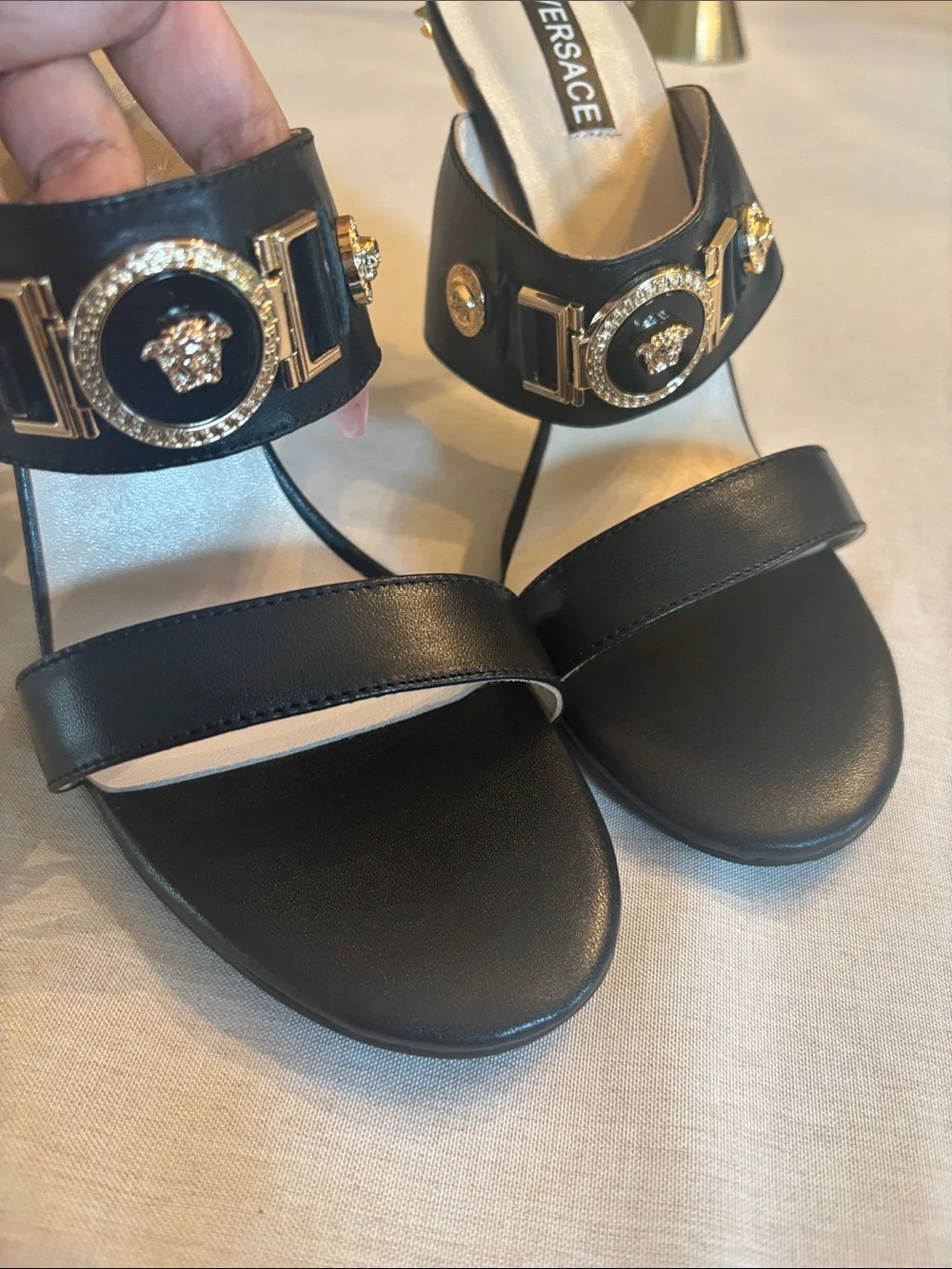 Versace Black Leather Crystal Medallion Slide Heels ( COPY) - Picture 4 of 7